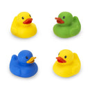 Four colorful rubber ducks in yellow, green, and blue, designed for bath play, showcasing their bright and fun designs.