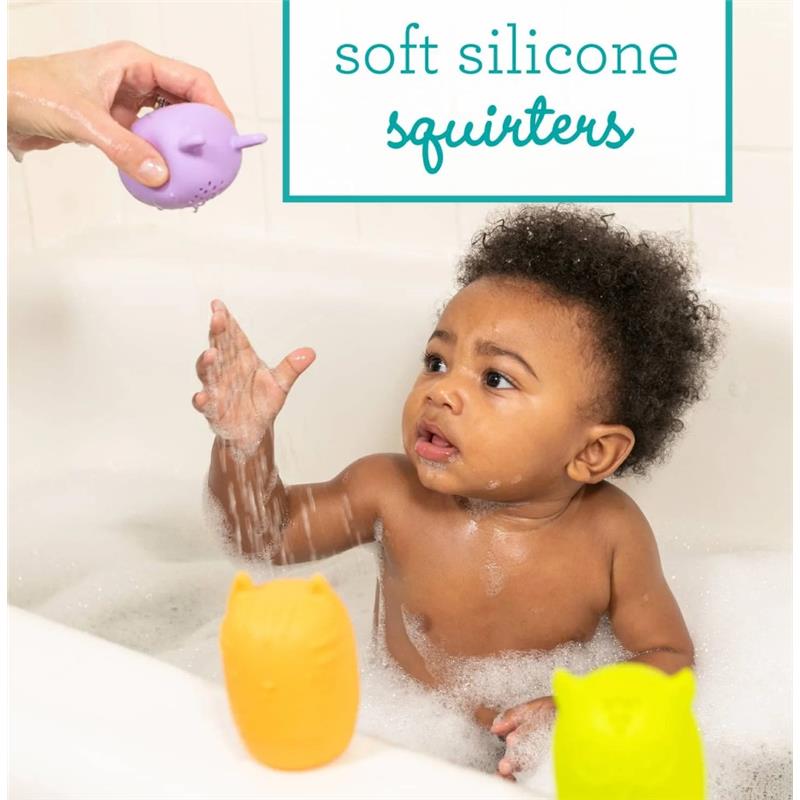 Infantino Easy Clean Bath Squirters, featuring a child in a bubbly bath playing with soft silicone squirter toys.