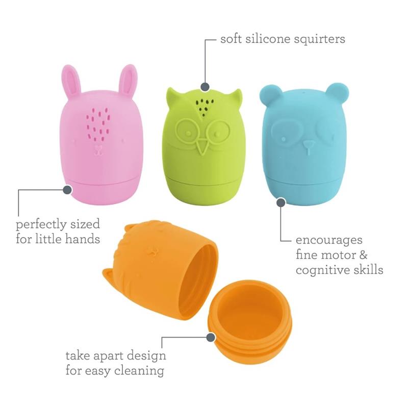 Soft silicone bath squirters in animal shapes, designed for little hands, with features for skill development and easy cleaning.