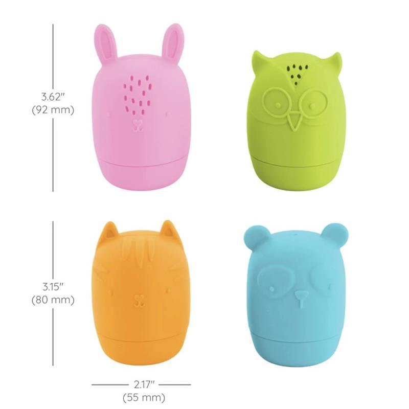 Infantino Easy Clean Bath Squirters in pink bunny, green owl, orange tiger, and blue panda designs, measuring up to 3.62 inches.