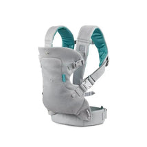 Teal-colored Infantino Flip 4-In-1 Light & Airy Convertible Carrier, featuring adjustable straps and breathable fabric.