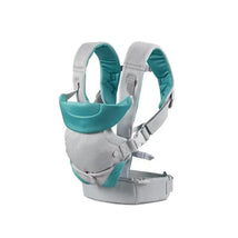 Convertible baby carrier in teal and gray with adjustable straps for comfort and versatility.