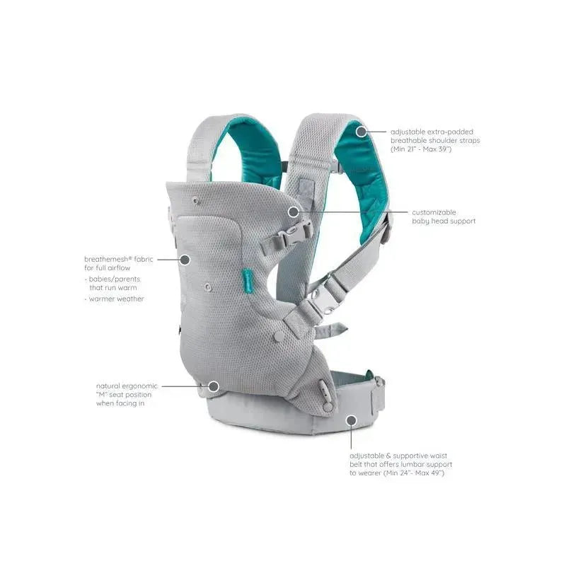 Teal Infantino Flip 4-In-1 Light & Airy Convertible Carrier with breathable fabric, adjustable straps, and customizable head support.