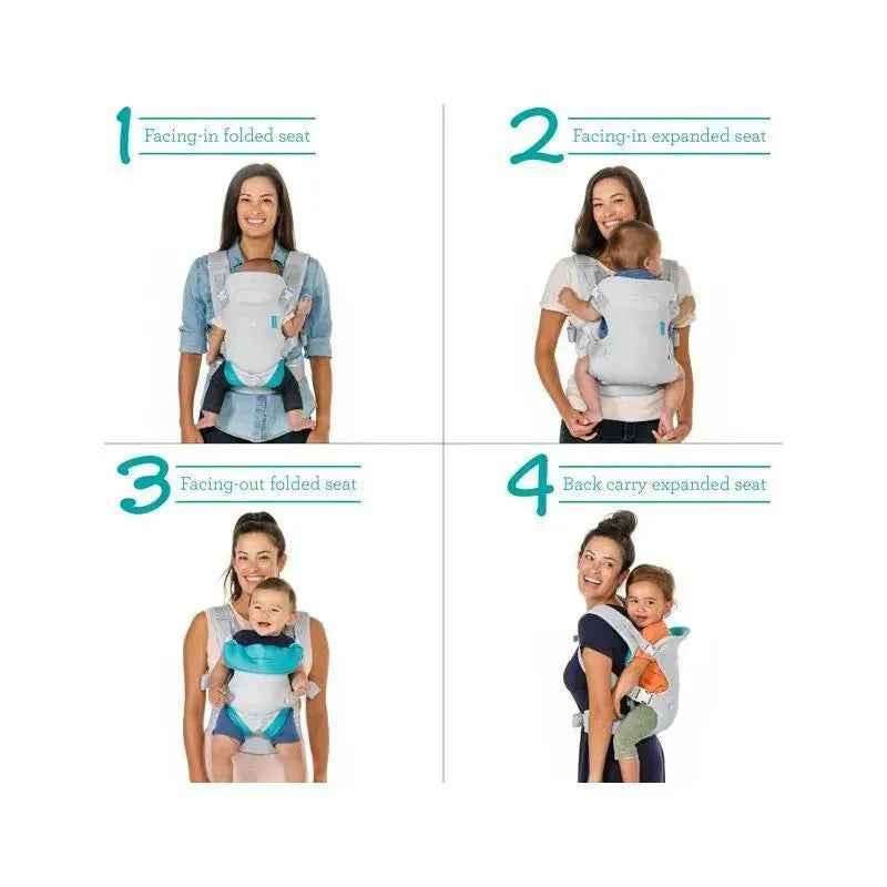 Infantino Flip 4-In-1 Convertible Carrier in teal shown in four usage positions: facing-in, facing-out, and back carry.