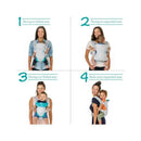 Infantino Flip 4-In-1 Convertible Carrier in teal shown in four usage positions: facing-in, facing-out, and back carry.