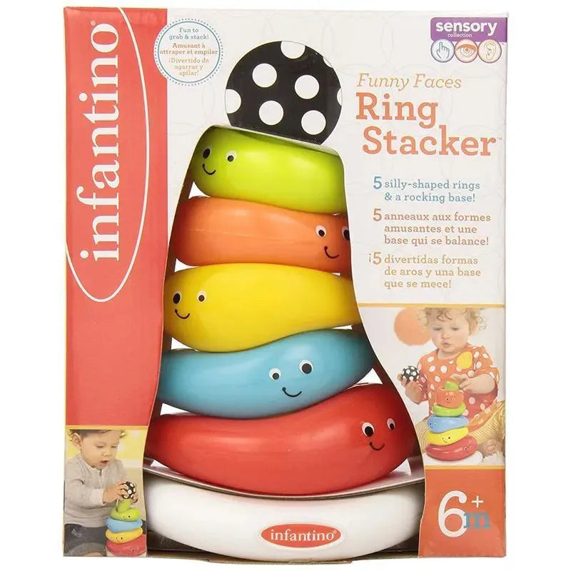 Colorful stacking toy with five silly-shaped rings and a rocking base, promoting sensory play for children aged 6 months and up.