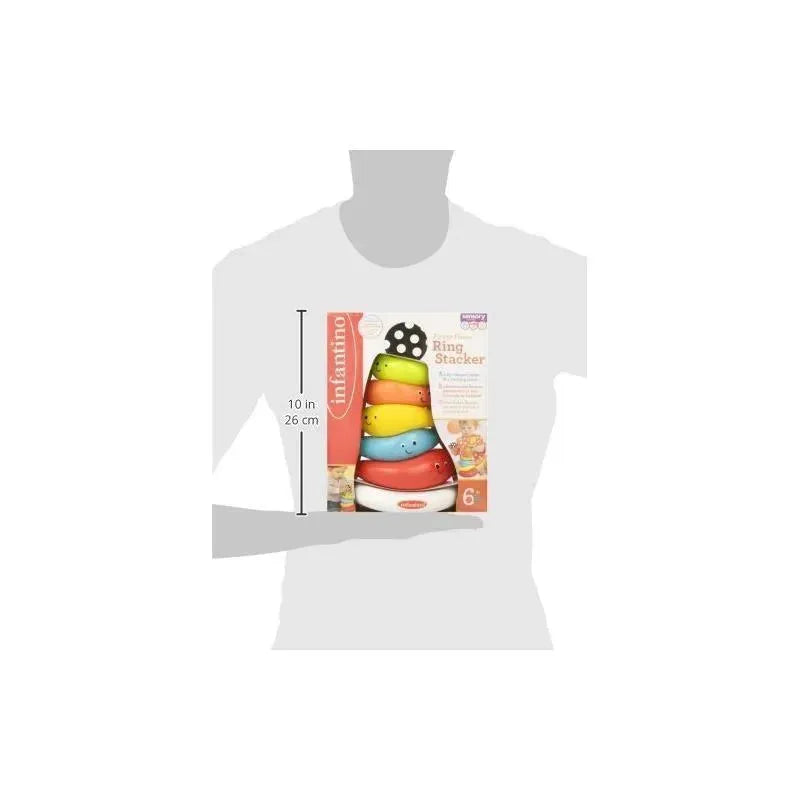 Infantino Funny Faces Ring Stacker with colorful rings and a smiling face design; measures 10 inches tall.
