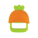 Teething mitt in the shape of a smiling carrot, orange with green leaves, designed for babies to chew on.