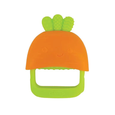 Teething mitt in the shape of a smiling carrot, orange with green leaves, designed for babies to chew on.