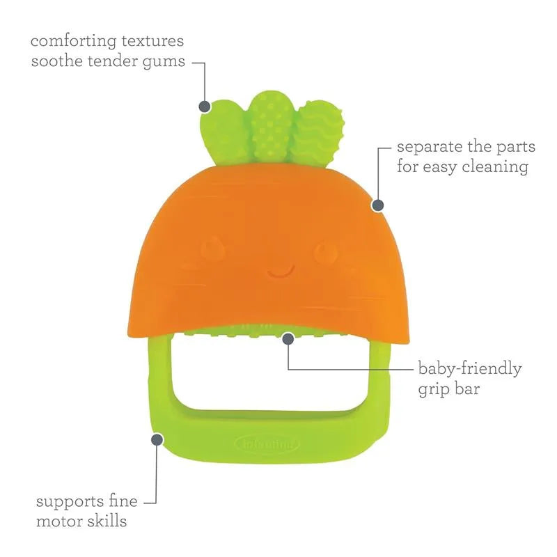 Infantino Handy Dandy Teething Mitt in a carrot design features comforting textures, a baby-friendly grip bar, and removable parts for easy cleaning.