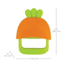 Teething mitt shaped like a carrot, featuring an orange top and a green handle, measuring 4.26 x 3 x 1.8 inches.