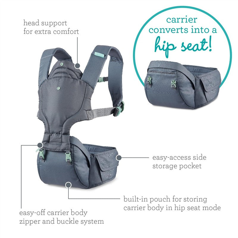 Infantino Hip Rider Plus 5-In-1 Hip Seat Carrier, featuring head support, storage pocket, and convertible design for comfort.
