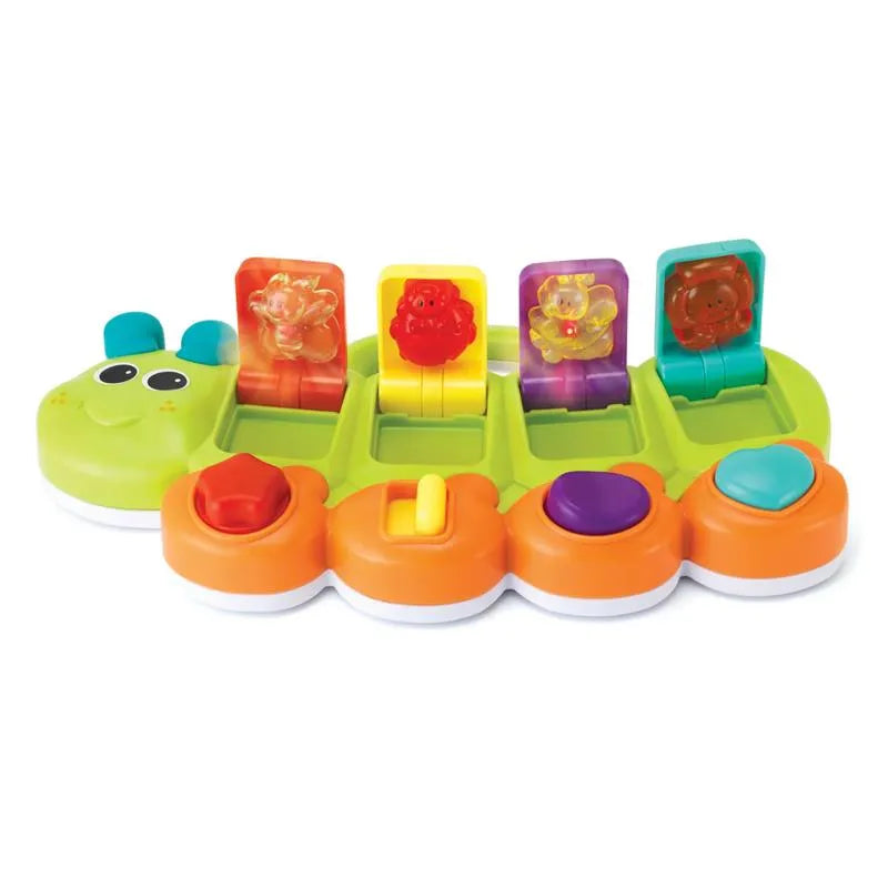 Colorful caterpillar toy with five activity buttons, featuring animal shapes that activate sounds and lights.