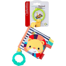 Infantino Link & Crinkle Animal Counting Book with colorful soft pages, a lion design, and a green attachment ring.