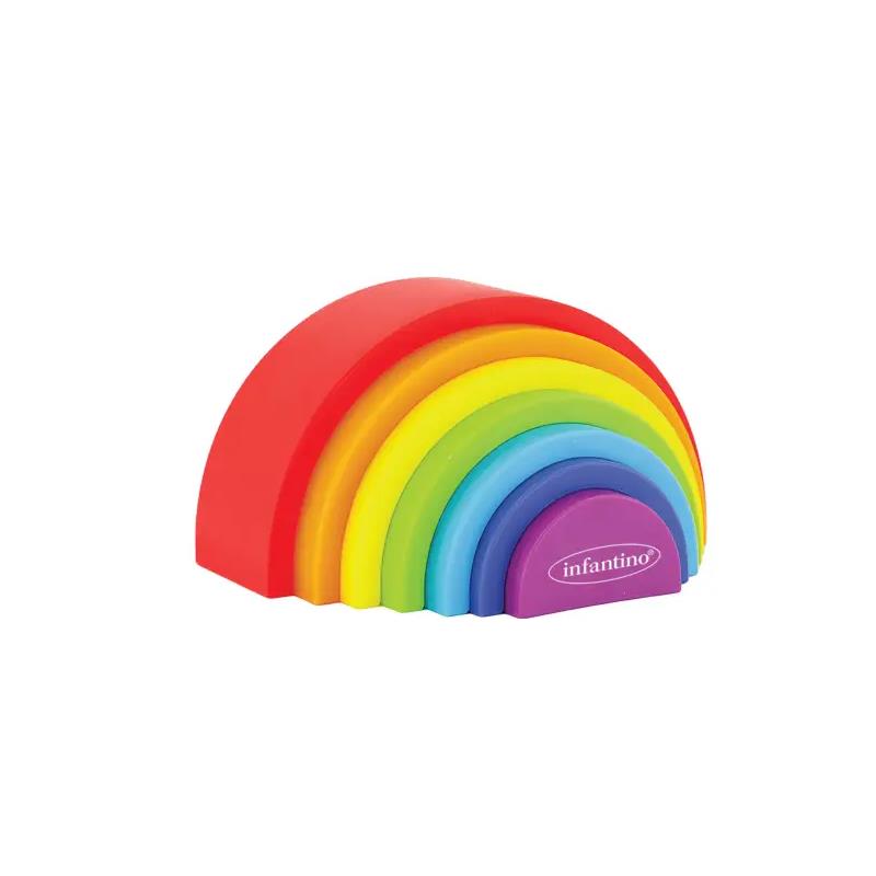 Colorful stacking toy consisting of interlocking rainbow-colored arches, featuring the Infantino logo on the purple end.