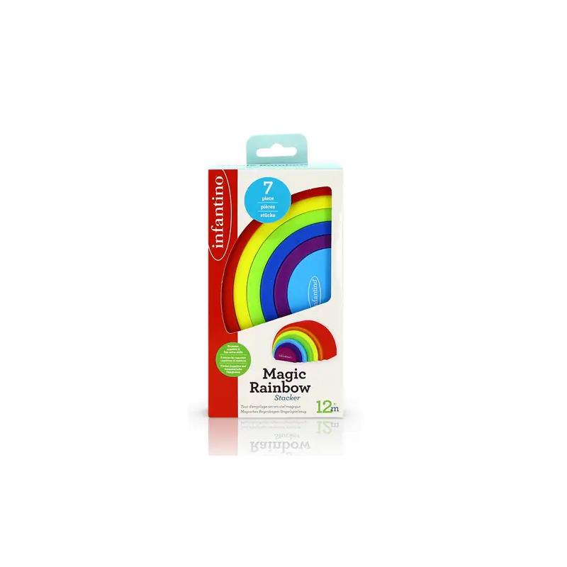 Infantino Magic Rainbow Stacker toy packaging featuring seven colorful stacking rings and details for ages 12 months and up.