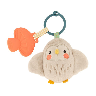 Mini Plushy Pal & Teether featuring Olive the Owl with an orange teether and blue ring, ideal for infants.