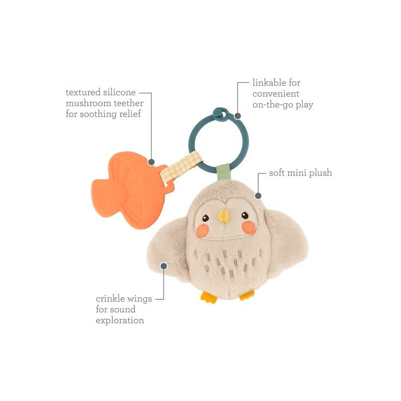 Mini plush teether featuring Olive the Owl, with crinkle wings, soft fabric, and a silicone mushroom teether for infants.