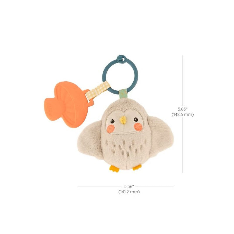 Mini plush owl teether, Olive the Owl, with a blue ring and orange teething attachment, measures 5.85 x 5.56 inches.