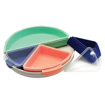 Colorful, geometric food storage containers in various shapes, including green, purple, coral, and blue, stacked together.