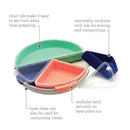 Colorful modular food prep container set with clear lids, removable sections for storage, and a base plate for serving meals.