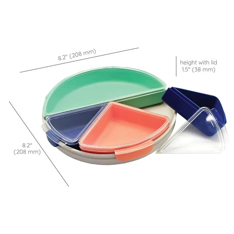 Set of colorful food storage containers in various shapes, measuring 8.2 inches in diameter, with lids.