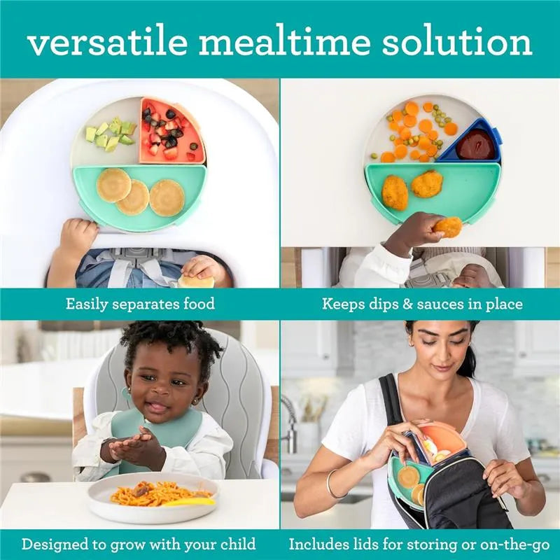 Infantino Mod Plate featuring segmented sections for food, shown with children enjoying meals and a parent storing it in a bag.