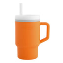 Soft silicone orange tumbler with a white lid and straw, designed for toddlers; 9 oz capacity.