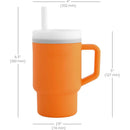 Soft silicone tumbler in creamsicle orange, 9 oz capacity, features a straw and an easy-grip handle. Dimensions included.