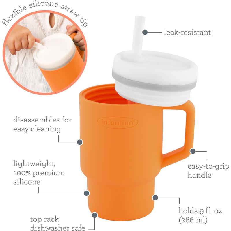 Infantino My 1st Tumbler in cream orange, a 9 oz silicone cup with a flexible straw, easy-to-grip handle, and disassembling parts for cleaning.