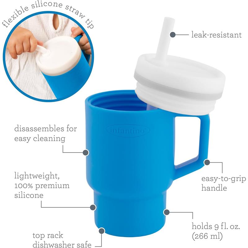 Soft silicone tumbler designed for toddlers, featuring a flexible straw tip, easy-grip handle, and is dishwasher safe.