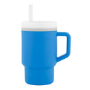 Soft silicone 9 oz tumbler in ocean blue with a white lid and straw, featuring a sturdy handle for easy grip.