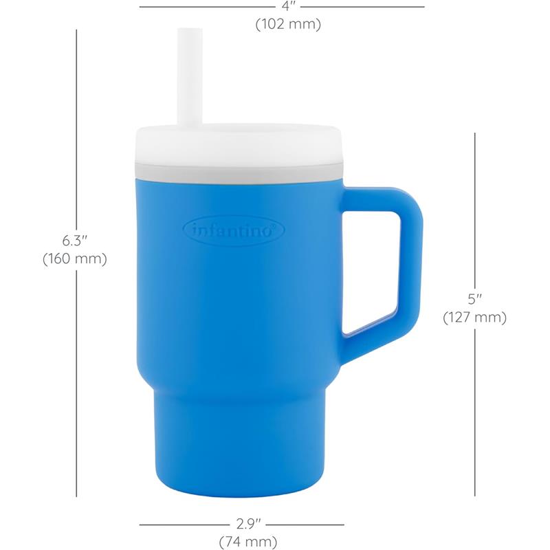 Soft silicone 9 oz tumbler in ocean blue, featuring a handle and straw, ideal for toddlers.
