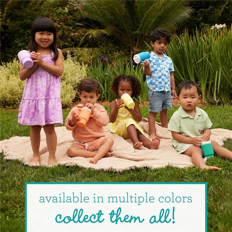 Five children sitting on a blanket in a garden, each holding a colorful Infantino silicone tumbler.
