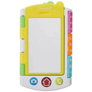 Brightly colored Infantino phone and book learning toy featuring a blank screen, numeric and alphabet buttons, and interactive icons.