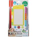 Infantino Phone & Book Learning Toy, featuring buttons for songs and phrases, with bright colors and educational elements.