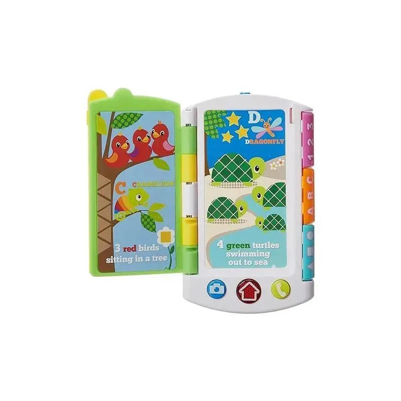 Infantino Phone & Book Learning Toy with colorful animal images, featuring red birds and green turtles, and interactive buttons.