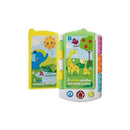 Interactive Infantino Phone & Book Learning Toy featuring colorful animal illustrations and educational text on two open pages.