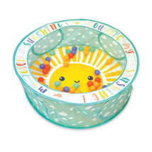 Colorful Infantino Pop-Up Ball Pit featuring a smiling sun design and filled with various playful balls.