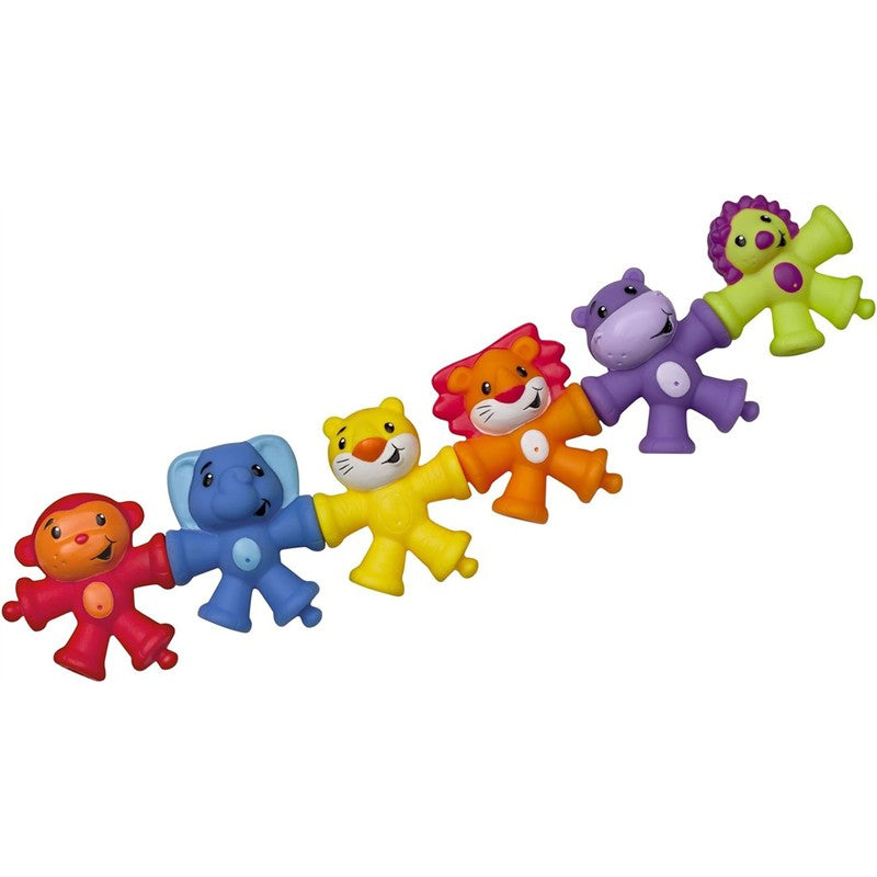 Multicolored Infantino S16 Snap & Pop Pals sensory toys in animal shapes, linked together with smiling faces.