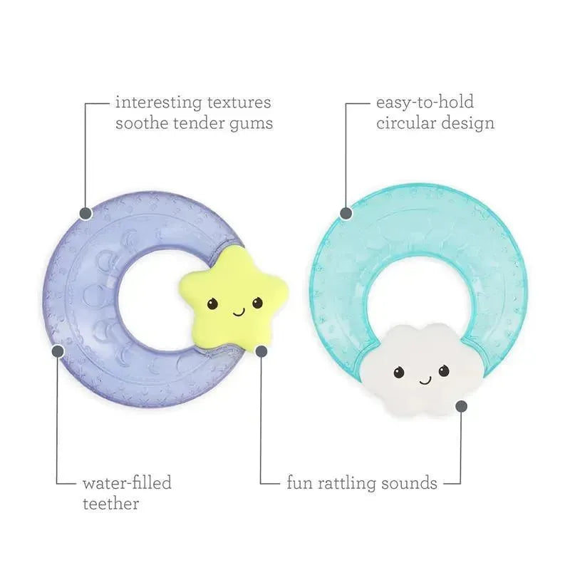 Water-filled teething rings shaped like a moon with a star and a cloud, featuring textures and rattling sounds for infants.