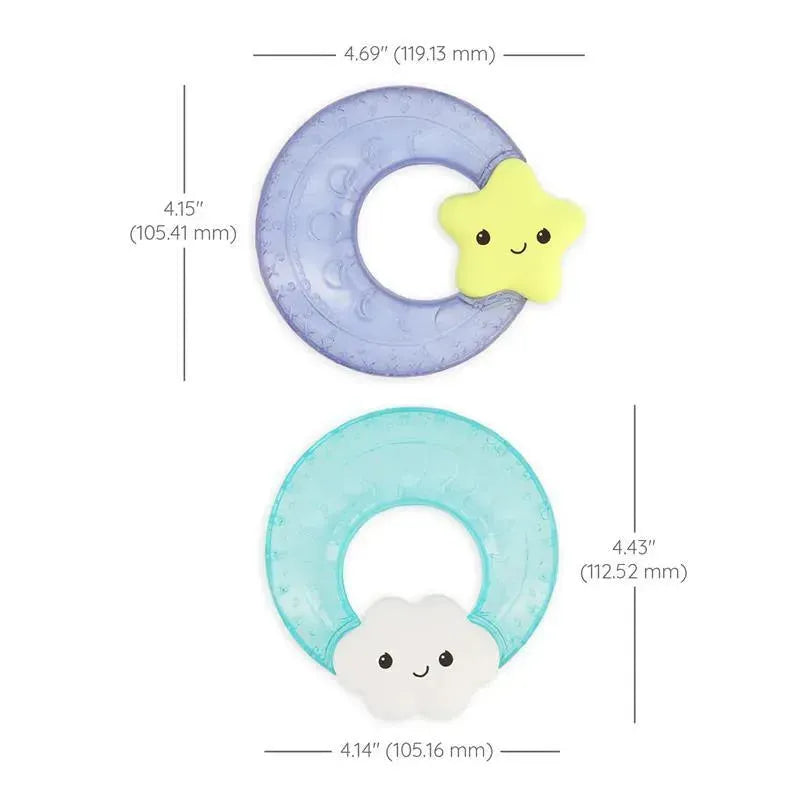 Two water-filled teethers from Infantino: a purple star-shaped teether with a smiling face, and a blue cloud-shaped teether.