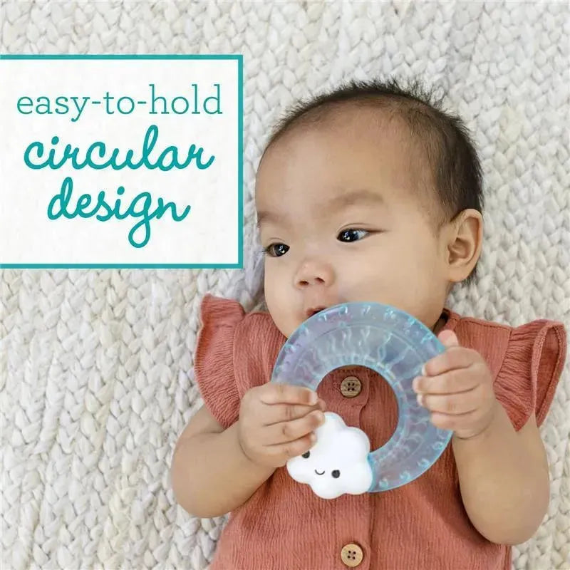 Infantino Soothe & Shake Water Teether held by a baby, featuring a circular design with a smiling cloud.