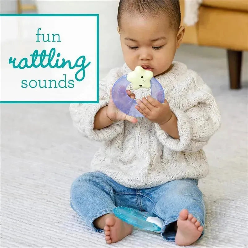 Infantino Soothe & Shake Water Teethers held by a baby, wearing a cozy white sweater, sitting on a soft surface.