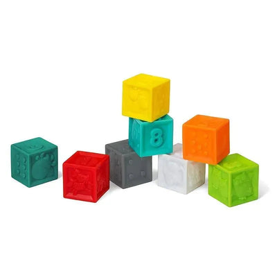 Multicolored Infantino Squeeze & Stack Block Set featuring six soft, textured blocks with numbers and animal designs.