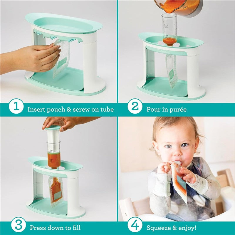 Infantino Squeeze Station in blue, demonstrating steps to fill pouches with purée, featuring a child enjoying a filled pouch.