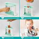 Infantino Squeeze Station in blue, demonstrating steps to fill pouches with purée, featuring a child enjoying a filled pouch.