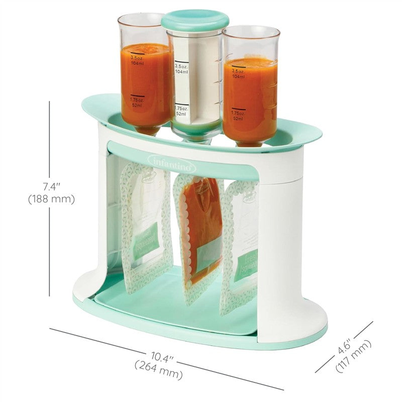 Infantino Squeeze Station in blue, designed for filling pouches, features three measuring containers for purees.