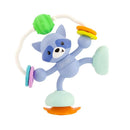 Colorful raccoon toy with spinning rings and a suction base, designed to engage babies in play and sensory exploration.