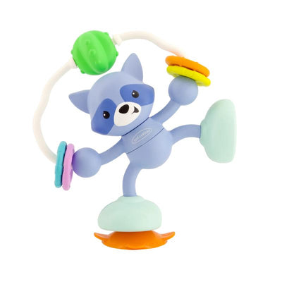 Colorful raccoon toy with spinning rings and a suction base, designed to engage babies in play and sensory exploration.